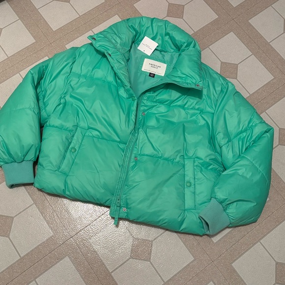 NEW AMERICAN EAGLE RETRO 70s 80s Green Puffer Jacket Winter Coat - Picture 1 of 9